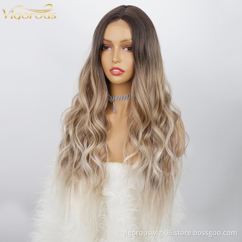 Top Quality Cheap Wholesale Vendor Heat Resistant Synthetic Fiber Lace Hair Wig Ombre Brown Dark Root Curly Long Body Wavy Women